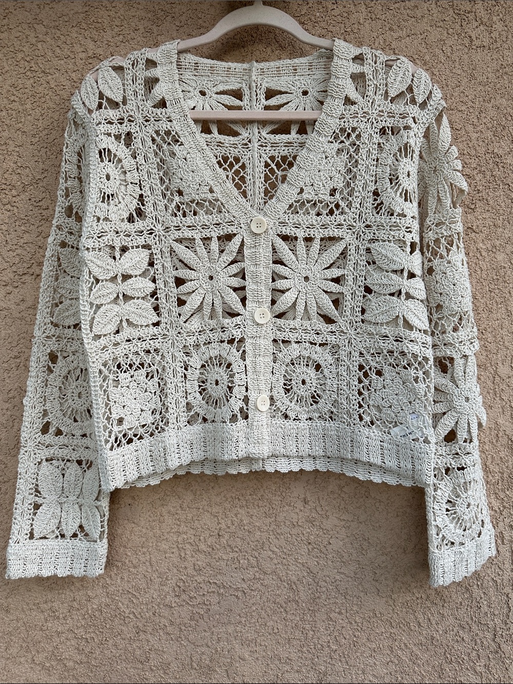 Commense Crochet Openwork Floral Square Cardigan - Cream